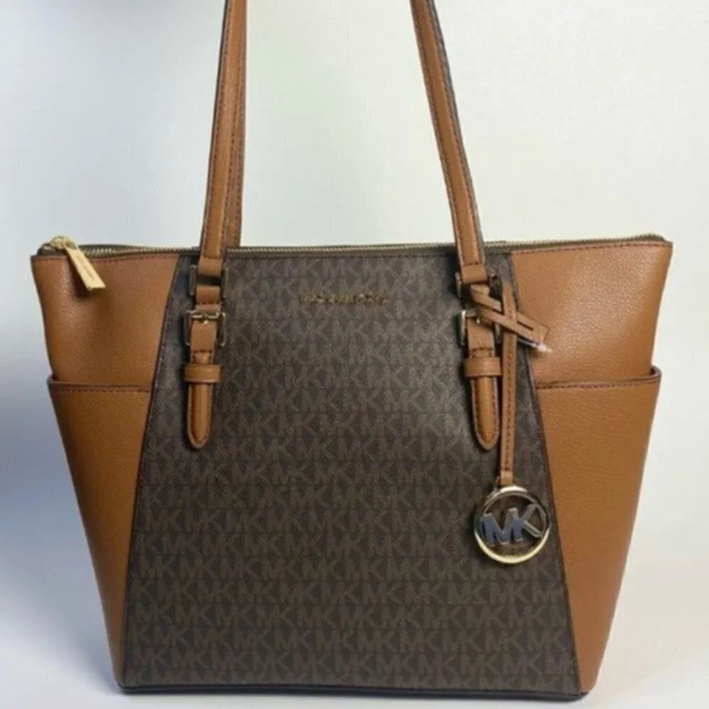 Michael Kors Charlotte Large Logo Top-Zip Tote Carryall Bag in Brown - Picture 5 of 14